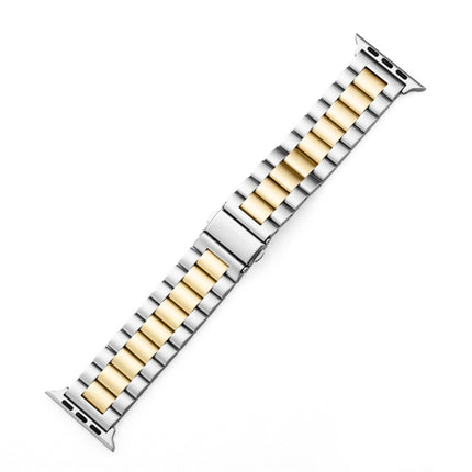 Fold Buckle 3 Beads Stainless Steel Watch Band For Apple Watch Ultra 49mm&Watch Ultra 2 49mm / Series 9&8&7 45mm / SE 3&SE 2&6&SE&5&4 44mm / 3&2&1 42mm(Silver Yellow)-garmade.com