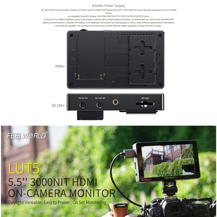 FEELWORLD LUT5 5.5 inch Ultra High Bright 3000nit Touch Screen DSLR Camera Field Monitor (Black)-garmade.com