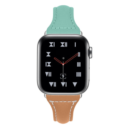 Three-color T-shape Leather Watch Band For Apple Watch Series 9&8&7 41mm / SE 3&SE 2&6&SE&5&4 40mm / 3&2&1 38mm (Apricot Brown + Mint Green)-garmade.com