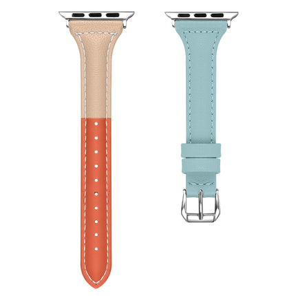 Three-color T-shape Leather Watch Band For Apple Watch Series 9&8&7 41mm / SE 3&SE 2&6&SE&5&4 40mm / 3&2&1 38mm (Orange Apricot + Blue)-garmade.com
