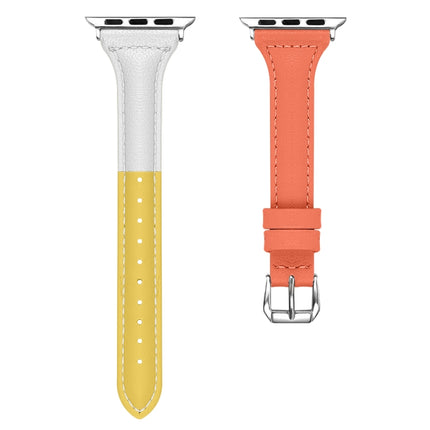 Three-color T-shape Leather Watch Band For Apple Watch Series 9&8&7 41mm / SE 3&SE 2&6&SE&5&4 40mm / 3&2&1 38mm (Yellow White+Orange)-garmade.com