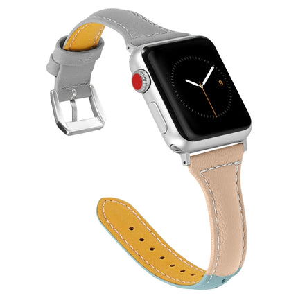 Three-color T-shape Leather Watch Band For Apple Watch Series 9&8&7 41mm / SE 3&SE 2&6&SE&5&4 40mm / 3&2&1 38mm (Blue Apricot + Grey)-garmade.com