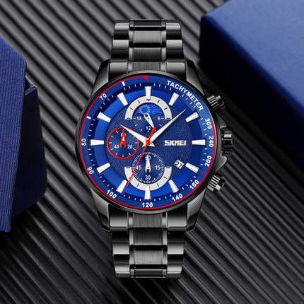 SKMEI 9250 Men Moonphase Stopwatch Date Six Pin Stainless Steel Strap Quartz Watch(Black Blue)-garmade.com