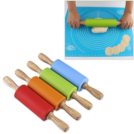 kn055 Solid Wooden Handle Silicone Rolling Pin Non-stick Food Dumpling Stick, Length: 23cm, Random Color Delivery-garmade.com