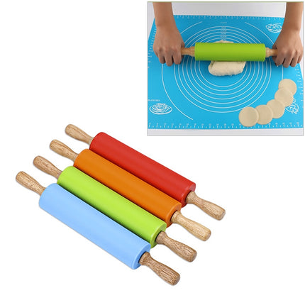 kn055 Solid Wooden Handle Silicone Rolling Pin Non-stick Food Dumpling Stick, Length: 29cm, Random Color Delivery-garmade.com