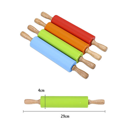 kn055 Solid Wooden Handle Silicone Rolling Pin Non-stick Food Dumpling Stick, Length: 29cm, Random Color Delivery-garmade.com