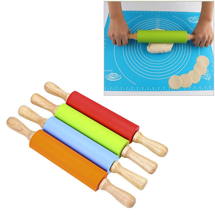 kn055 Solid Wooden Handle Silicone Rolling Pin Non-stick Food Dumpling Stick, Length: 38cm, Random Color Delivery-garmade.com