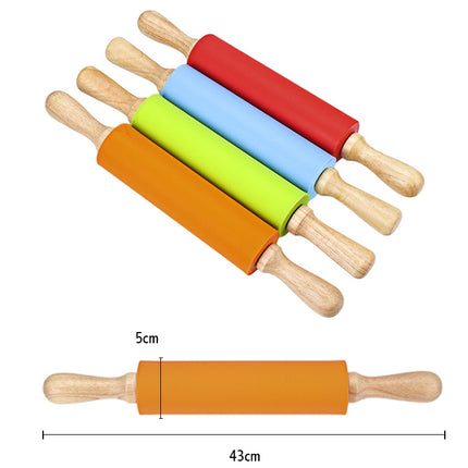 kn055 Solid Wooden Handle Silicone Rolling Pin Non-stick Food Dumpling Stick, Length: 43cm, Random Color Delivery-garmade.com