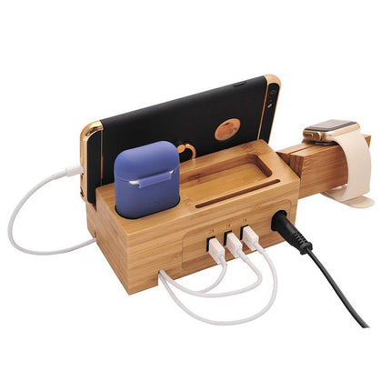 Multi-function Bamboo Charging Station Charger Stand Management Base with 3 USB Ports, For Apple Watch, AirPods, iPhone, AU Plug-garmade.com