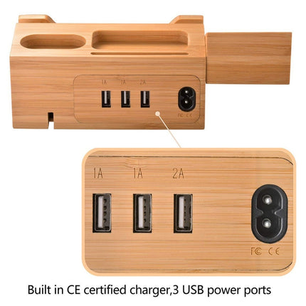 Multi-function Bamboo Charging Station Charger Stand Management Base with 3 USB Ports, For Apple Watch, AirPods, iPhone, UK Plug-garmade.com