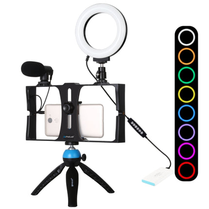 PULUZ 4 in 1 Vlogging Live Broadcast Smartphone Video Rig + 4.7 inch 12cm RGBW Ring LED Selfie Light + Microphone + Pocket Tripod Mount Kits with Cold Shoe Tripod Head(Blue)-garmade.com