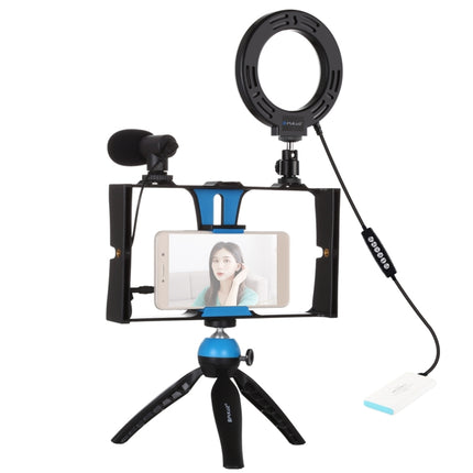 PULUZ 4 in 1 Vlogging Live Broadcast Smartphone Video Rig + 4.7 inch 12cm RGBW Ring LED Selfie Light + Microphone + Pocket Tripod Mount Kits with Cold Shoe Tripod Head(Blue)-garmade.com