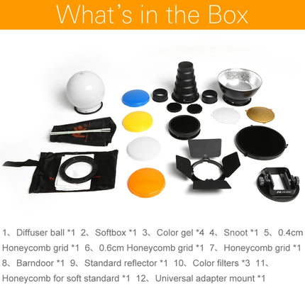 Falcon Eyes SG-100 Speedlite Accessories-kit, Universal Adapter Mount / Barndoor / Snoot/ Honeycomb / Standard Reflector / Honeycomb for Soft-reflector / Diffuser Ball / Color Gel / Softbox-garmade.com