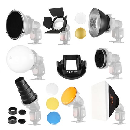Falcon Eyes SG-100 Speedlite Accessories-kit, Universal Adapter Mount / Barndoor / Snoot/ Honeycomb / Standard Reflector / Honeycomb for Soft-reflector / Diffuser Ball / Color Gel / Softbox-garmade.com