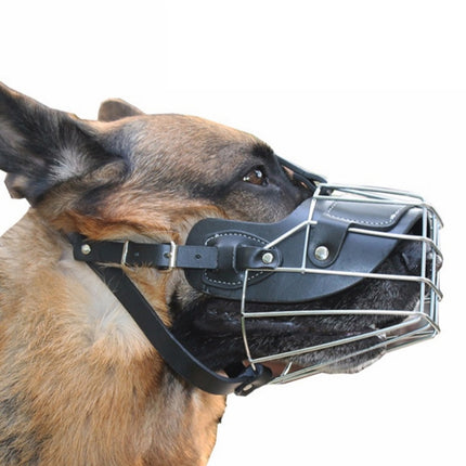 Steel Cage Style Dog Basket Wire Muzzle Protective Snout Cover with Leather Strap, Size: XL-garmade.com