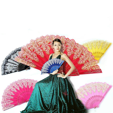 Spain Style Plastic Folding Fan Peacock Lace Fan Ladies Dance Gilding Fan, Size:23x42cm(Rose Red)-garmade.com