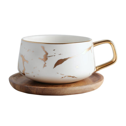 Marble Matte Gold Series Ceramic Tea Cup Coffee Mug With Wooden Lid Or Tray(White with Tray)-garmade.com