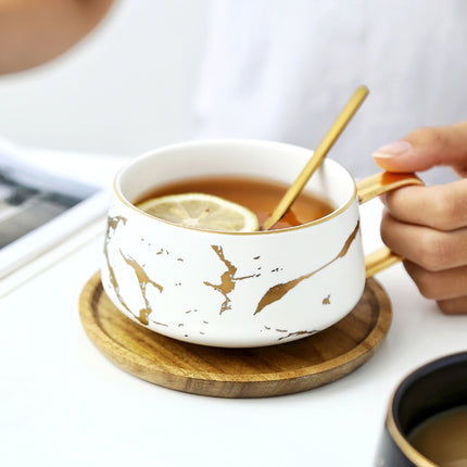 Marble Matte Gold Series Ceramic Tea Cup Coffee Mug With Wooden Lid Or Tray(White with Tray)-garmade.com