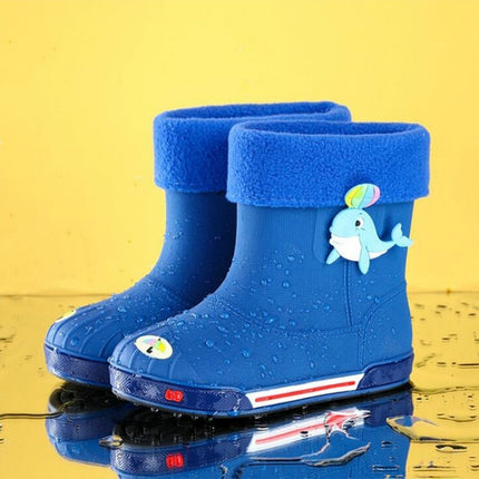 Children Non-Slip Plus Velvet Warm Cartoon Short Rain Boots, Size:Inner Length 15cm, Style:With Cotton Cover(Dark Blue)-garmade.com