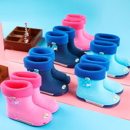 Children Non-Slip Plus Velvet Warm Cartoon Short Rain Boots, Size:Inner Length 16cm, Style:With Cotton Cover(Dark Blue)-garmade.com