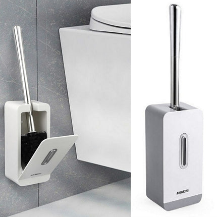MENGNI Suction Wall Long Handle Toilet Brush Storage Box Bathroom Cleaning Kit(Grey)-garmade.com