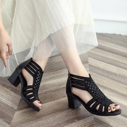 Crystal Hollow Out Peep Toe Wedges Sandals, Size:37(Black)-garmade.com