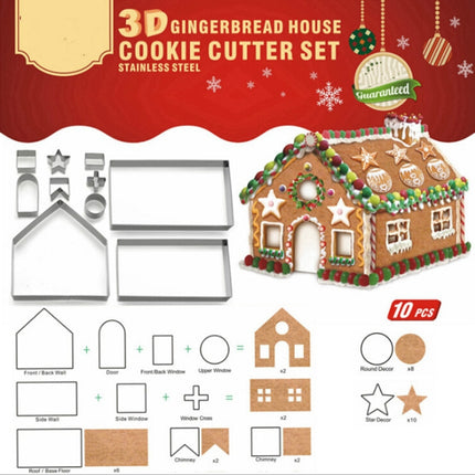 10 in 1 3D Stainless Steel Biscuit Mold Christmas Gingerbread House Baking Tools-garmade.com