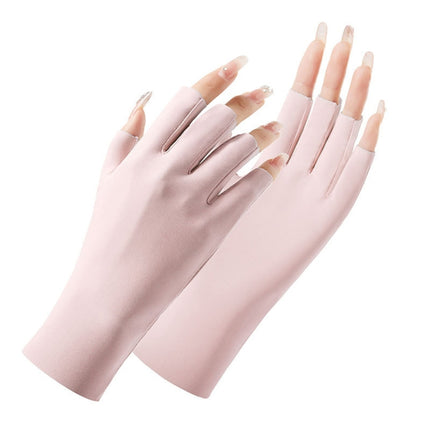 2 Pairs Ladies Sunscreen Gloves Half Finger Ice Silk Gloves,Style: Cent Finger(Pink)-garmade.com
