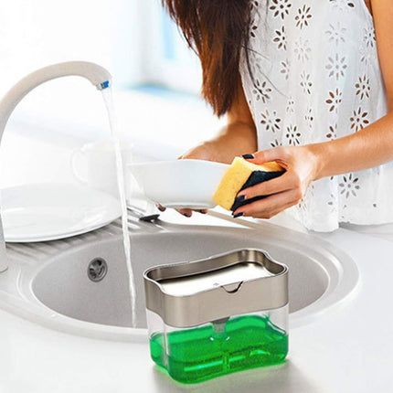 Kitchen Dishwasher Brush Press Liquid Soap Pump Box Soap Dispenser with Washing Sponge Detergent Automatic Cleaning Brush( Grey)-garmade.com