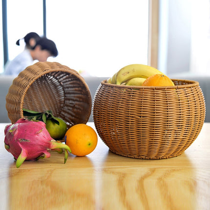 Round Snack Basket Rattan Woven Home Fruit and Vegetable Storage Basket Kitchen Drain Basket, Size:25 x 18 cm(Brown)-garmade.com