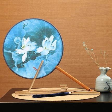 Retro Style Hanfu Group Fan Beech Wood Handle Classical Dance Fan(Blue-light Rain Lotus)-garmade.com