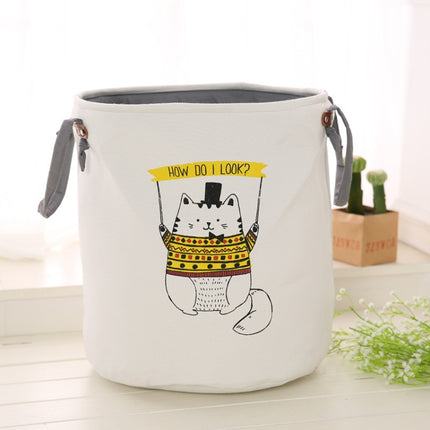 Fabric Round Dirty Clothes Bucket Home Children Toy Folding Storage Basket(Yellow Cat)-garmade.com
