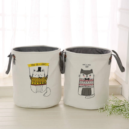 Fabric Round Dirty Clothes Bucket Home Children Toy Folding Storage Basket(Yellow Cat)-garmade.com