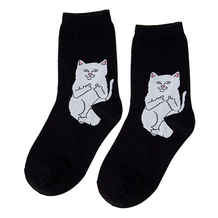 Middle Finger Cat Men and Women Hip Hop Street Wind Skateboard Tube Cotton Socks(Cat black)-garmade.com