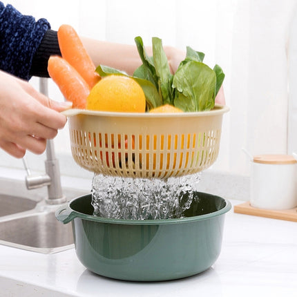 Double-Layer Hollow Fruit & Vegetable Drain Basket Household Plastic Vegetable Washing Basket, Size:Small(Green)-garmade.com