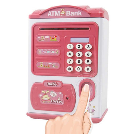 Simulation Password Fingerprint Sensor Unlocking Money Box Automatic Roll Money Safe ATM Piggy Bank(Pink)-garmade.com