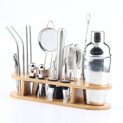 18 in 1 Stainless Steel Cocktail Shaker Set, Oval Bamboo Base, Bar Tool Set, Specification: 750ml-garmade.com