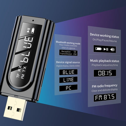 K9 USB Car Bluetooth 5.0 Adapter Receiver FM + AUX Audio Dual Output Stereo Transmitter (Black)-garmade.com