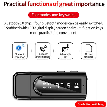 K9 USB Car Bluetooth 5.0 Adapter Receiver FM + AUX Audio Dual Output Stereo Transmitter (Black)-garmade.com
