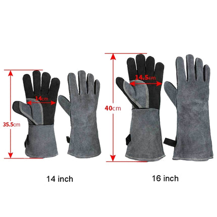 Cowhide BBQ Gloves Thickened Anti-hot Oven Welding Protection Gloves, Specification: A2416 14 inch Gray Black-garmade.com