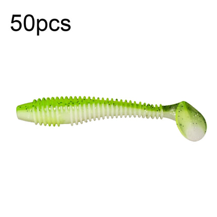 50pcs Threaded T-Tail Two Color Soft Baits Lures, Size: 7.5cm(Light Green)-garmade.com