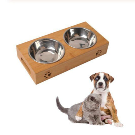 Cat Dog Pet Stainless Steel Feeding and Drinking Bowls Combination With Bamboo Frame, Size:S-garmade.com