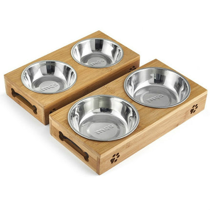 Cat Dog Pet Stainless Steel Feeding and Drinking Bowls Combination With Bamboo Frame, Size:S-garmade.com