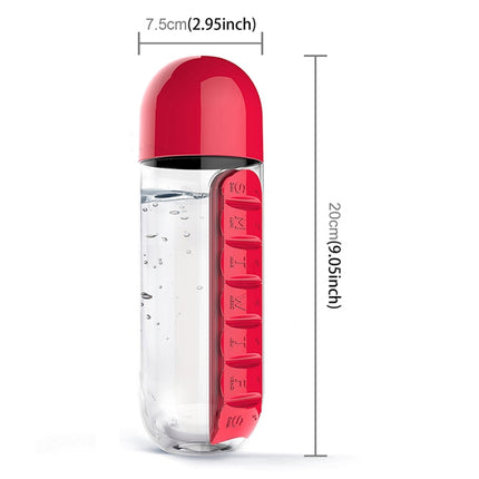 600ML Plastic Water Bottle with Daily Pill Box Organizer Drinking Bottles(Red)-garmade.com