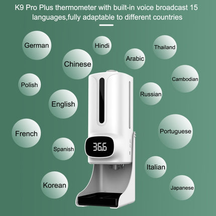 K9 Pro Plus Handsfree Non-contact Body Thermometer + 1000ml Automatic Non-contact Liquid Soap Dispenser with Base Mount, 15 Languages Voice Broadcast-garmade.com