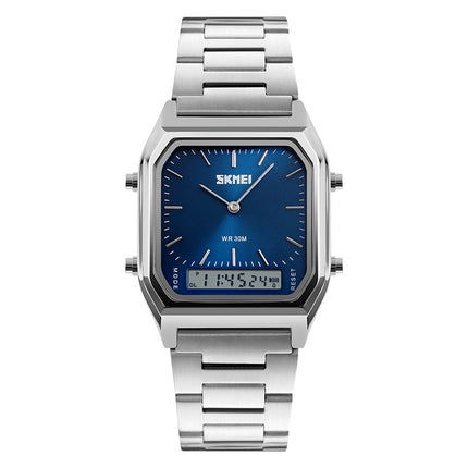 SKMEI 1220 Multifunctional Men Outdoor Business Noctilucent Waterproof Double Display Steel Watchband Wrist Watch (Blue)-garmade.com