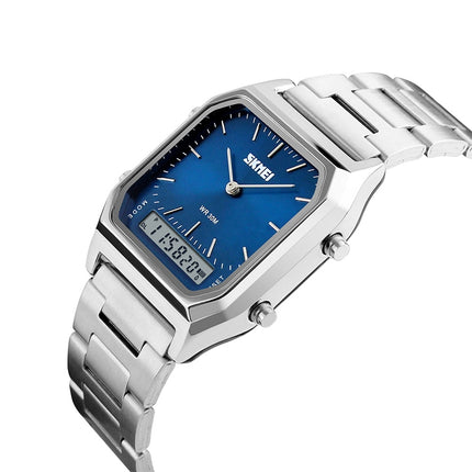 SKMEI 1220 Multifunctional Men Outdoor Business Noctilucent Waterproof Double Display Steel Watchband Wrist Watch (Blue)-garmade.com