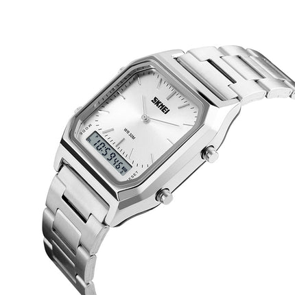 SKMEI 1220 Multifunctional Men Outdoor Business Noctilucent Waterproof Double Display Steel Watchband Wrist Watch (Silver)-garmade.com