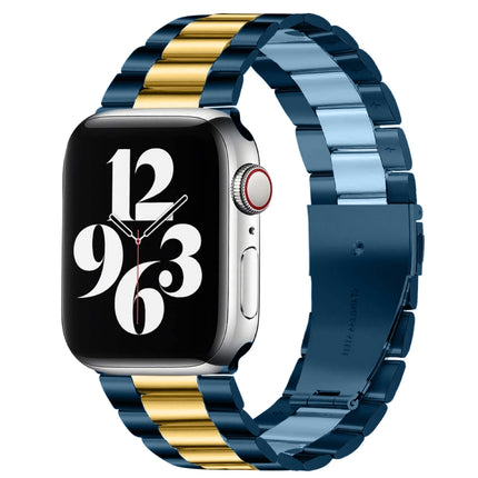 Fold Buckle 3 Beads Stainless Steel Watch Band For Apple Watch Ultra 49mm&Watch Ultra 2 49mm / Series 9&8&7 45mm / SE 3&SE 2&6&SE&5&4 44mm / 3&2&1 42mm(Blue Gold)-garmade.com