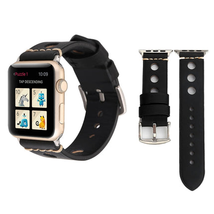 For Apple Watch Series 3 & 2 & 1 38mm Retro Hole Genuine Leather Wrist Watch Band(Black)-garmade.com